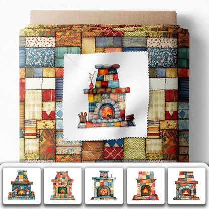 Patchwork Fireplace Cotton Fabric Panel – 6 Designs (10×10 inch Each) + Bonus Sheet 29.5×19.6 inch, 100% Cotton 140 GSM, Made in Türkiye