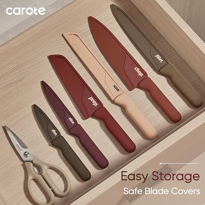 CAROTE Knife Set, 13 Pcs Kitchen Knife Set with Letter, 6 Stainless Steel Knives with Nonstick Ceramic Surface & Blade Guards, Kitchen Shears, Dishwasher Safe, Ergonomic Handles