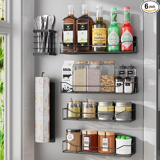 Magnetic Spice Rack for Refrigerator, 6 Pack Strong Magnet Spice Organizer with Paper Towel Holder, Utensil Holder, Moveable Magnetic Fridge Shelf for Kitchen Organization and Storage (Black)