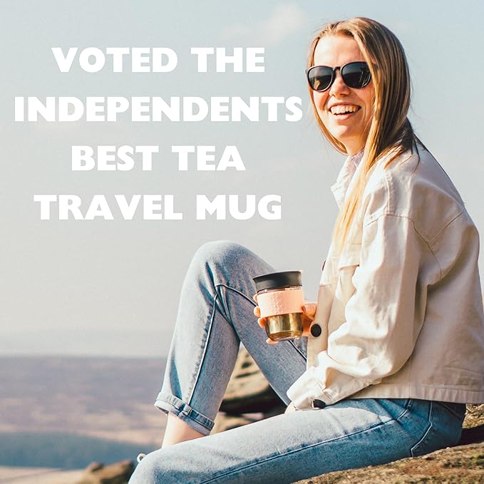 Travel Mug Loose Tea Infuser - Detachable Tea Strainer with Spillproof Lid - BPA-Free Reusable Glass Travel Coffee Cup with Silicone Band (Gray and Pink, 12oz)