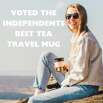 Travel Mug Loose Tea Infuser - Detachable Tea Strainer with Spillproof Lid - BPA-Free Reusable Glass Travel Coffee Cup with Silicone Band (Gray and Pink, 12oz)