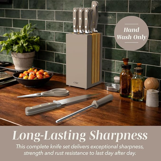 COOK WITH COLOR 14 Pieces Kitchen Knife Block Set, Knives for Kitchen, Forged Cutlery with Razor-Sharp High Carbon Steel Blades, Magnetic Block