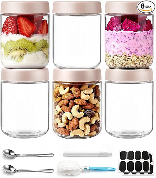 6 pack 16 oz Overnight Oats Containers with Lids and Spoons Glass Jars with Airtight Lids: Wide Mouth Mason Salad Jars, Leakproof and Reusable Glass Food Storage Container for Yogurt Snacks Spice