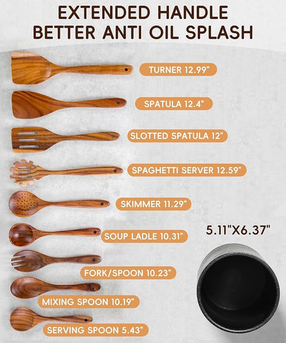 Nucookery Wooden Cooking Utensils Set with Holder, Teak Wood Utensils, Ceramic Holder for Countertop with Protection Cork Bottom, Nonstick Spoons, Spatula Set, 10 Pcs Kitchen Decor, (Stone Black)