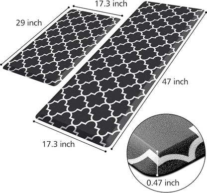 KMAT Kitchen Mat [2 PCS] 0.47inch Cushioned Anti-Fatigue Kitchen Rug, Waterproof Non-Skid Kitchen Mats and Rugs Heavy Duty PVC Ergonomic Comfort Standing Mat for Kitchen, Floor Home, Sink, Black
