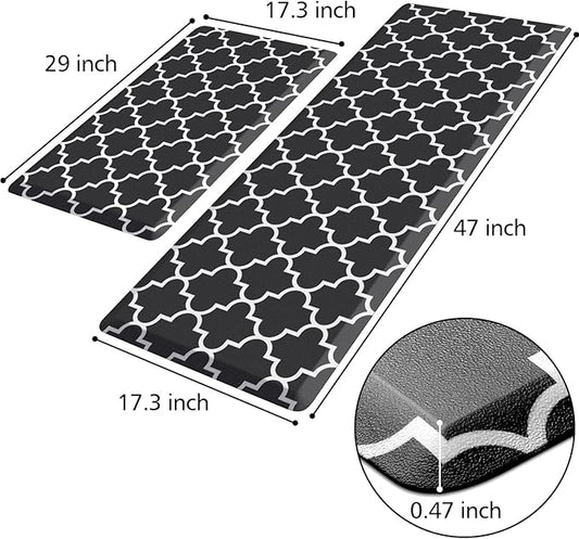 KMAT Kitchen Mat [2 PCS] 0.47inch Cushioned Anti-Fatigue Kitchen Rug, Waterproof Non-Skid Kitchen Mats and Rugs Heavy Duty PVC Ergonomic Comfort Standing Mat for Kitchen, Floor Home, Sink, Black