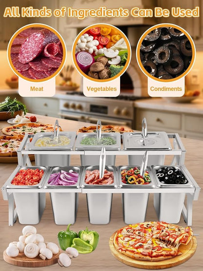 Pizza Topping Station 8 Pans Pizza Storage Container Topping containers with Lids Spoon Condiment Organizers Buffet Containers Set for Restaurant Pizza Sauce Jam Fruit Ingredient