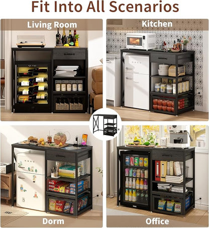 METYERRY Kitchen Bakers Rack with Power Outlet, Microwave Stand with Drawer, Mini Fridge Stand with Adjustable Shelves,Mini Fridge Cabinet Suitable for Dining Room, Dorm,Home, Black