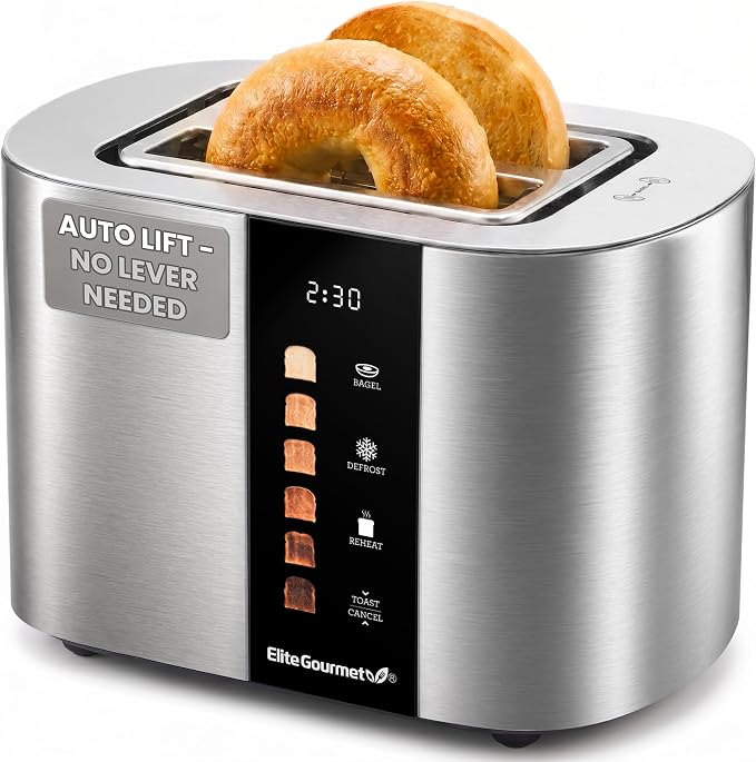 Elite Gourmet ECT2470 2-Slice Automatic Motorized Toaster, No-Lever Digital Touchscreen, Extra-Wide Slots, 6 Browning Levels, Bagel/Defrost/Reheat, Stainless Steel