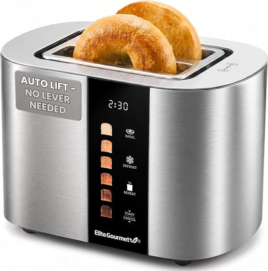 Elite Gourmet ECT2470 2-Slice Automatic Motorized Toaster, No-Lever Digital Touchscreen, Extra-Wide Slots, 6 Browning Levels, Bagel/Defrost/Reheat, Stainless Steel