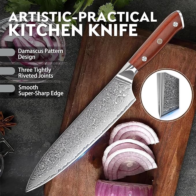 Purple Dragon Damascus Knife Set - 3 PCS Kitchen Knife Set - VG10 Steel Japanese Chef Knives 8 Inch Santoku 7 Inch Paring Knives 5 Inch- Gifts for Men and Women