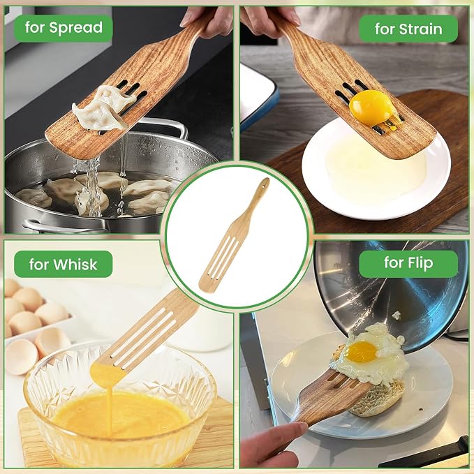 GEEKHOM Wooden Spurtle Set Bamboo Utensils : 13 Inch for Sourdough Starter, Mixing Scraping Serving, Reaching Jar Bottom, Nonstick Cookware 2 Set