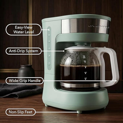 OVENTE 12-Cup Drip Coffee Maker with Borosilicate Glass Carafe, One-Touch Operation Machine, Anti-Drip System, Reusable Filter and Clear View Water Gauge, Ideal for Home or Office, Light Teal CM412LBL