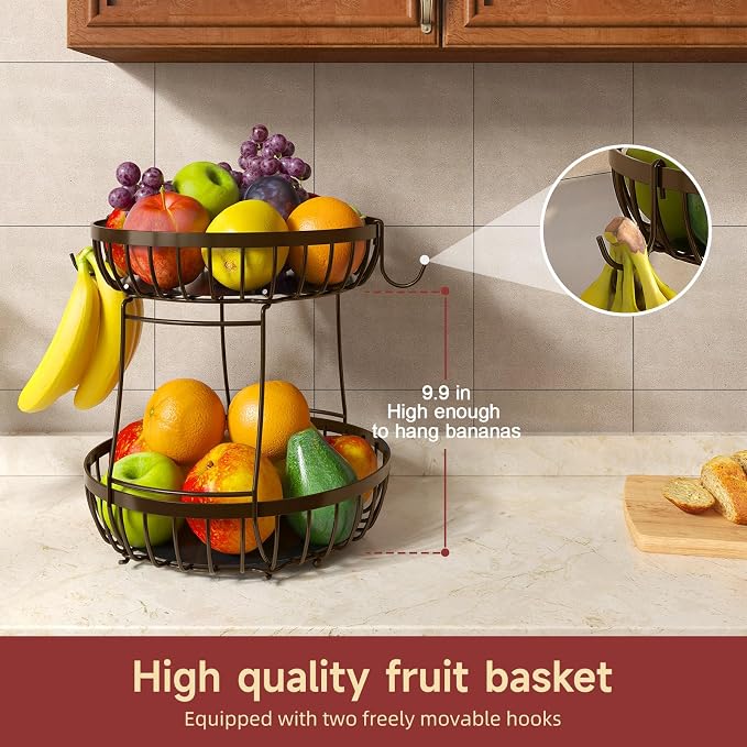 Sevenblue 2 Tier Fruit Basket for Kitchen Counter with 2 Banana Hangers, Metal Stackable Fruit Bowl for Kitchen Counter for Bread Vegetable Fruits, Brown