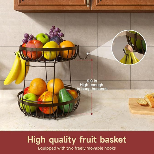 Sevenblue 2 Tier Fruit Basket for Kitchen Counter with 2 Banana Hangers, Metal Stackable Fruit Bowl for Kitchen Counter for Bread Vegetable Fruits, Brown