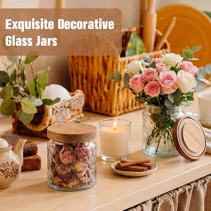 Suclain 6 Pcs 17 OZ Vintage Glass Jar with Acacia Wood Lids Airtight Glass Storage Canisters Kitchen Spice Jars Food Storage Containers for Pantry Coffee Grains Tea Sugar Flour(Lantern)