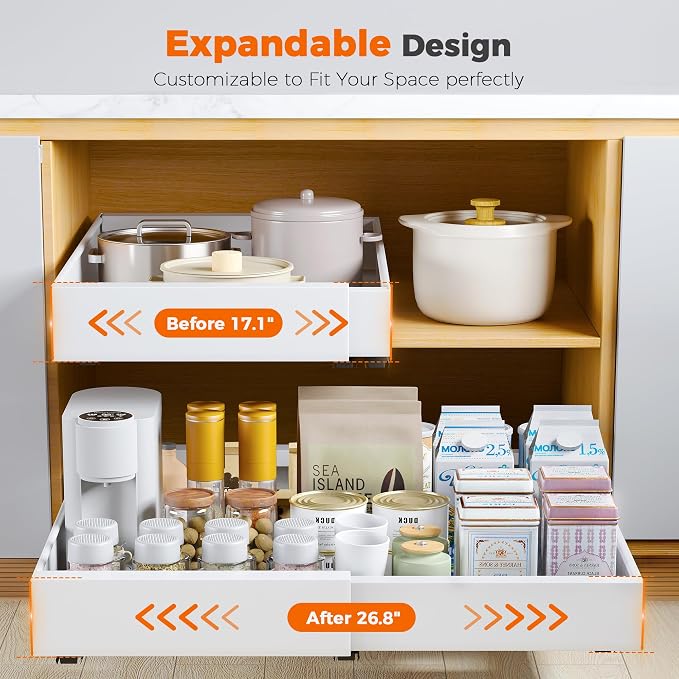 Nacial Pull Out Cabinet Organizer, Large Expandable (17.1"-26.8") Heavy Duty Slide out Drawers with 3 Slides 6 Adhesive, Peel and Stick Pull Out Shelf for Kitchen Pantry Bathroom Organization