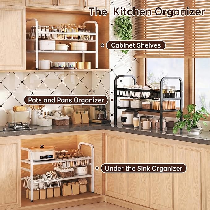 Under Sink Organizers and Storage, 2 Tier Expandable Length Adjustable Height Under Sink Organizer, Easy Assembly Heavy Duty Carbon Steel Space Saving Under Cabinet Shelf Storage Rack
