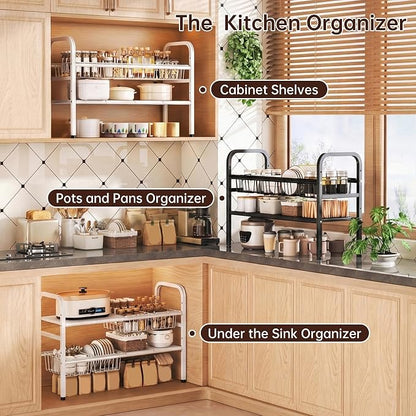 Under Sink Organizers and Storage, 2 Tier Expandable Length Adjustable Height Under Sink Organizer, Easy Assembly Heavy Duty Carbon Steel Space Saving Under Cabinet Shelf Storage Rack