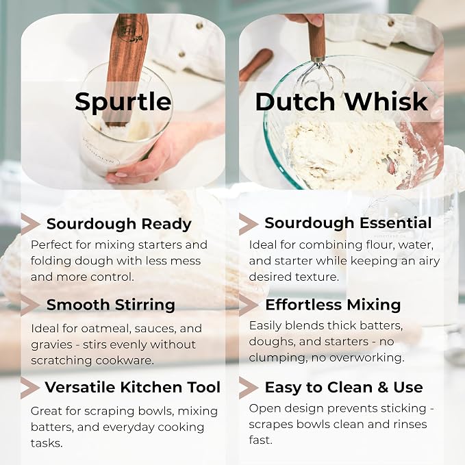 Dutch Dough Whisk & Teak Spurtle Set; Premium Stainless Steel Sourdough Whisk, Wooden Starter Jar Spatula; Sourdough Bread Baking Supplies for Home Bakers; BPA-Free, Bread Making Tools