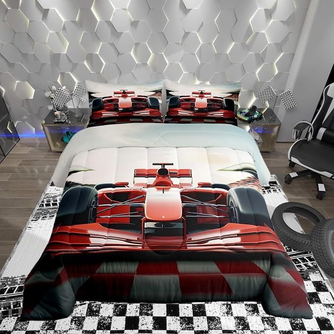 Manfei 3D Red Formula Car Comforter Set,Cool Racing Car Bedding Set Kids Teens Modern Decor,Racing Speed Sport Comforter with 1 Pillowcase for All Seasons,Twin