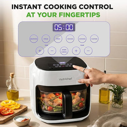 NutriChef Family Size 7.5 Quart Air Fryer | 6 Preset Cooking Modes | Glass Fry Bowl for Best Cooking | 360° Air Circulation | Cook Veggies, Steak, Fries, Seafood, Chicken & More | White