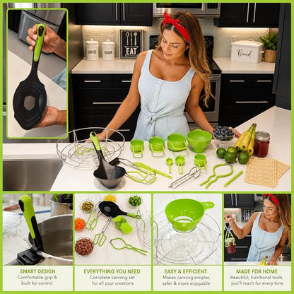 Supa Ant Complete Canning Starter Kit – 10pc Food-Grade Steel Set with XL Ladle, 6 Measuring Cups, Jar Lifter, Wide Mouth Funnel, Canning Rack (7-Jar Capacity) & 90 Labels –Beginner-Friendly, Green