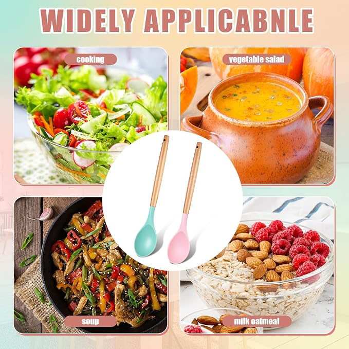 Patelai 2 Pieces Silicone Nonstick Mixing Spoon Kitchen Cooking Spoons Serving Spoon with Wooden Handle Heat Resistant Utensil Spoons for Mixing, Baking, Serving and Stirring (Green, Pink)