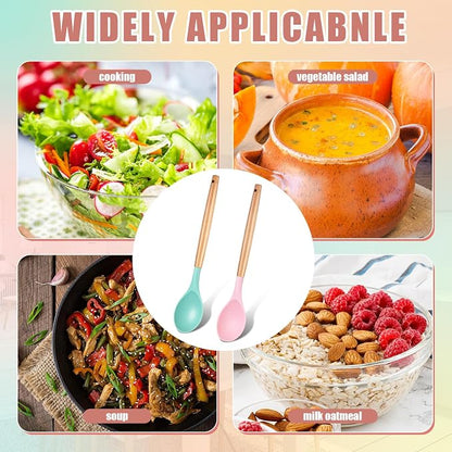 Patelai 2 Pieces Silicone Nonstick Mixing Spoon Kitchen Cooking Spoons Serving Spoon with Wooden Handle Heat Resistant Utensil Spoons for Mixing, Baking, Serving and Stirring (Green, Pink)