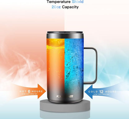 KXIAOCHEN 20oz Insulated Coffee Mug with Lid, Stainless Steel Coffee Cup, Double Wall Vacuum Coffee Tumbler with Handle, Premium Thermal Travel Coffee Mug (Silver grey)