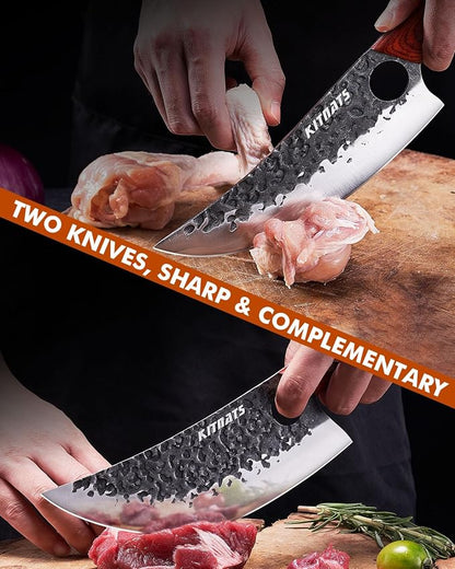 3PCS Butcher Knife Set, Razor Sharp Hand Forged Meat Cleaver & Boning Knives for Meat & Bone Cutting, Kitchen Knives for Cooking BBQ, Gift for Men & Women