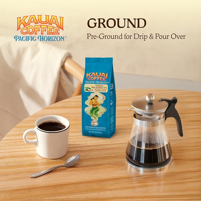 Kauai Hawaiian Ground Coffee, Vanilla Macadamia Nut Flavor (10 oz Bag) - 10% Hawaiian Coffee from Hawaii's Largest Coffee Grower - Bold, Rich Blend, 10 oz