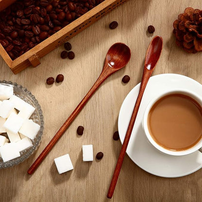 Patelai 6 Pieces Wooden Coffee Spoons Long Handle Mixing Wooden Spoon Handmade Stirring Teaspoon for Kitchen Stirring