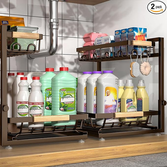 Sevenblue 2 Packs Under Sink Organizer, Height Adjustable 2 Tier Under Kitchen Sink Organizer, Multi-Purpose Storage Shelf for Kitchen Bathroom Cabinet (Brown, Large)