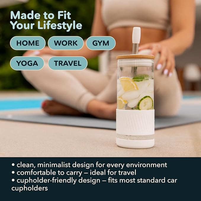 Pandaloo® Glass Cups With Lids and Straws -20 Fl Oz- Perfect Size Iced Coffee Cup - Smoothie Cup With Bamboo Lid and On the go Lid - Glass Tumbler (2 Count (Pack of 1), Amber Sand-Black Saphir)