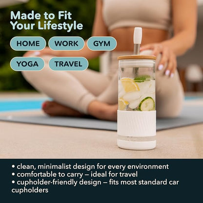 Pandaloo® Glass Cups With Lids and Straws -20 Fl Oz- Perfect Size Iced Coffee Cup - Smoothie Cup With Bamboo Lid and On the go Lid - Glass Tumbler (2 Count (Pack of 1), Amber Sand-Black Saphir)
