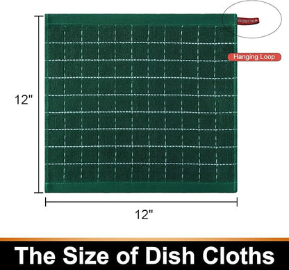 Mordimy 100% Cotton Terry Cloth Dish Cloths, Soft and Absorbent Checkered Dish Towels, Quick Drying Dish Rags for Washing Dishes, 6 Pack, 12 x 12 Inches, Dark Green