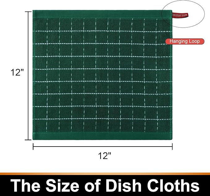Mordimy 100% Cotton Terrycloth Kitchen Towels and Dishcloths Sets, Soft and Absorbent Checkered Dish Towels, Quick Drying Dish Rags for Washing Dishes, 4 Pack 16" x 26" & 4 Pack 12" x 12", Dark Green