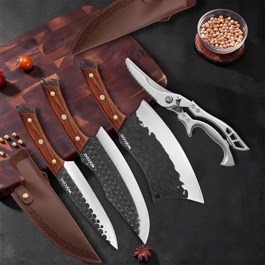 4PCS Kitchen Knife Set with Shears for Kitchen, High Carbon Steel, Hammered Blade Butcher Knives, Hand Forged Chef Cleaver, Fillet & Bone Chopper for Meat Cutting, Processing & BBQ - Black