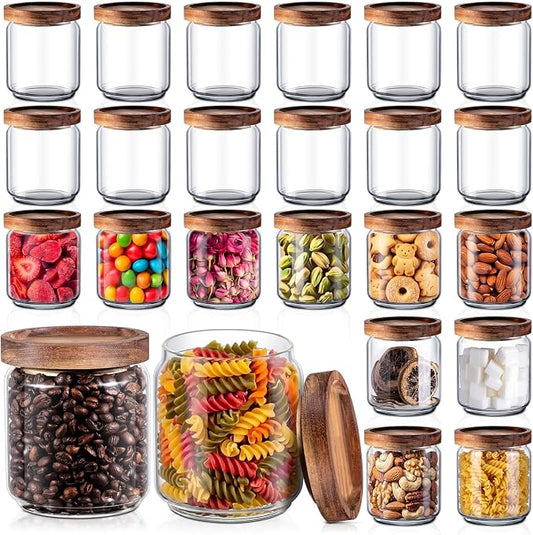 Irenare 24 Pack Glass Containers Canister Set, 17 oz Food Storage Spice Jars with Airtight Lids, Clear Kitchen Containers for Coffee Sugar Tea Beans Nuts Candy Pantry Organization (Wood)