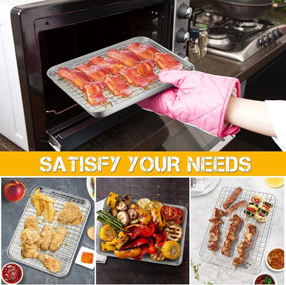 P&P CHEF 10.4 Inch Toaster Oven Pan with Rack Set, Stainless Steel Baking Pan Tray and Grid Cooling Rack for Cooking/Roasting, Dishwasher Safe & Easy to Clean, Non-toxic & Sturdy, (2Pcs)