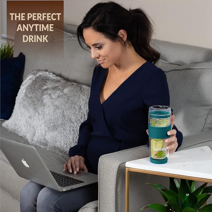 Double Wall All Glass Tumbler - 14-Ounce, Reusable Insulated Tea/Coffee Mug & Lid, Hand Blown Glass Travel Mug - Cyan- 2 Pack