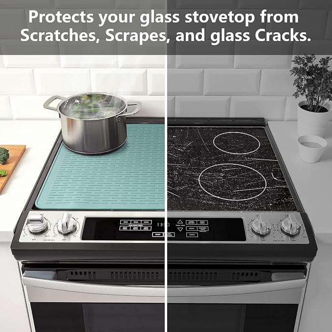 YUHFERA Stove Top Cover for Electric Stove - Silicone Stove Mat for Glass Top, Glass Cooktop Protector, XL Dish Drying Mats for Kitchen,Oven Covers for Electric Stove (Aqua,30 x 21)