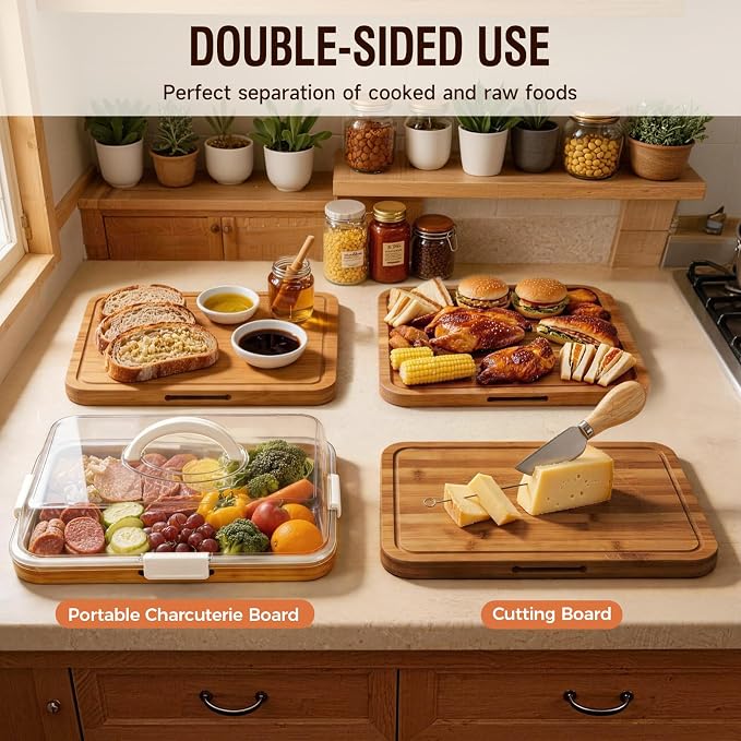 Renmxj Charcuterie Boards with Lid Gift Set, 2 in 1 Travel Portable Cheese Board with Knives Set, Natural Bamboo Charcuterie Tray, Housewarming Gifts New Home, Picnic, Wedding Gifts, White Handle
