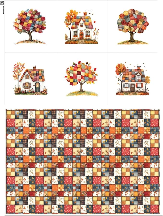 Autumn Patchwork Cottage Fabric Panel – Six 10×10 inch Designs + Bonus 29.5×19.6 inch Patchwork Sheet, 100% Turkish Cotton 140 GSM