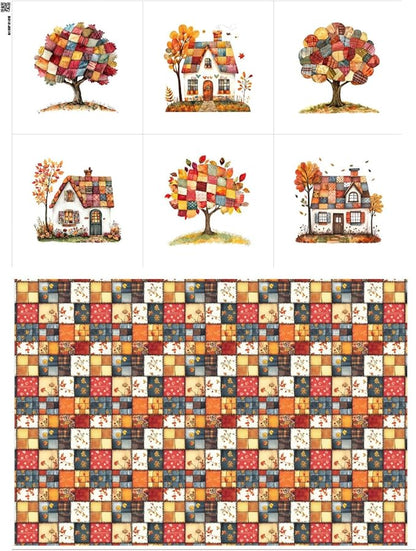 Autumn Patchwork Cottage Fabric Panel – Six 10×10 inch Designs + Bonus 29.5×19.6 inch Patchwork Sheet, 100% Turkish Cotton 140 GSM
