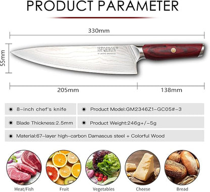 Japanese Chef Knife,8-Inch Damascus Chef Knife - Japanese VG10 High Carbon Stainless Steel, 67-Layer Hand-Forged Blade with Ergonomic Colorful wooden Handle -Gift Grindstone Included