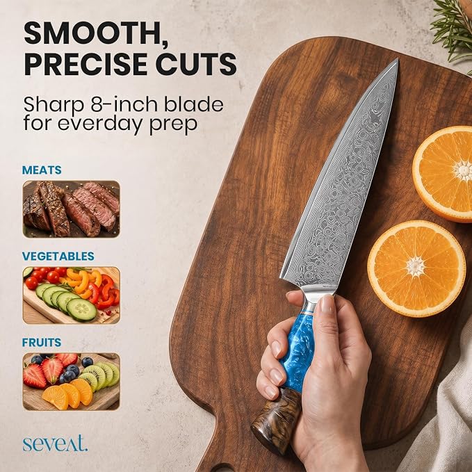Damascus Kitchen Knife | 67-Layer Damascus Steel | 13” Professional Chef Knife | Ergonomic Wood & Resin Handle | Gift Box Included (Blue, 1 Piece)