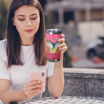 Christian Art Gifts Stainless Steel Double Wall Vacuum Insulated Travel Mug 18 oz Butterfly Pink BPA-free Tumbler with Retractable Lid Inspirational Scripture for Women - Be Still -Psalm 46:10