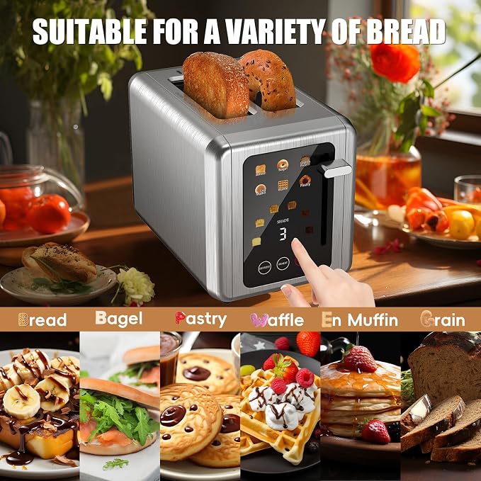 WUNLY Smart Digital 2 Slice Toaster with Touch Screen,1.5'' Extra Wide Slots for Bagel, Digital Countdown & Sound Control, 6 Bread Types & 6 Shade Settings, Defrost/Reheat/Standby,Grey